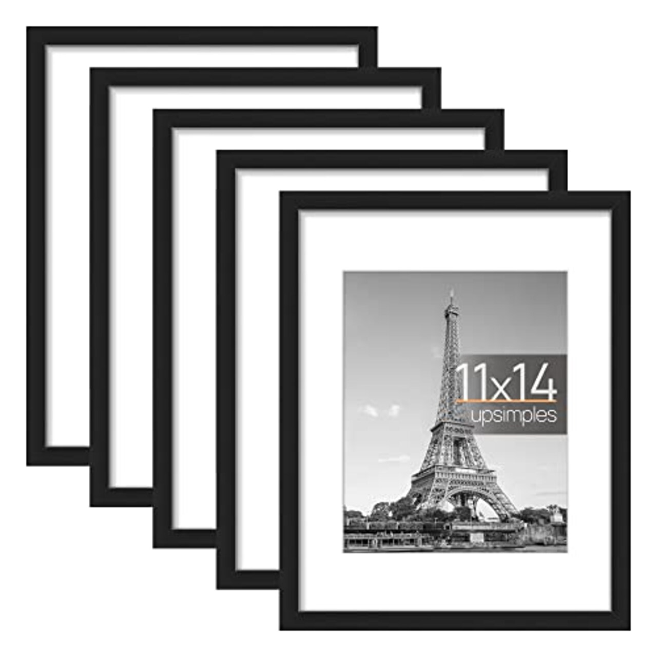 11x14 Picture Frame Set of 5, Display Pictures 8x10 with Mat or 11x14 Without Mat, Wall Gallery Photo Frames, Black